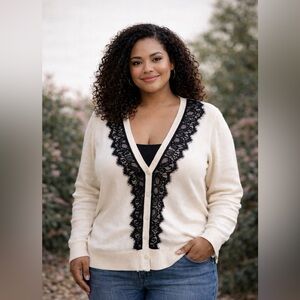 Torrid Cream V-Neck Sweater with Black Lace